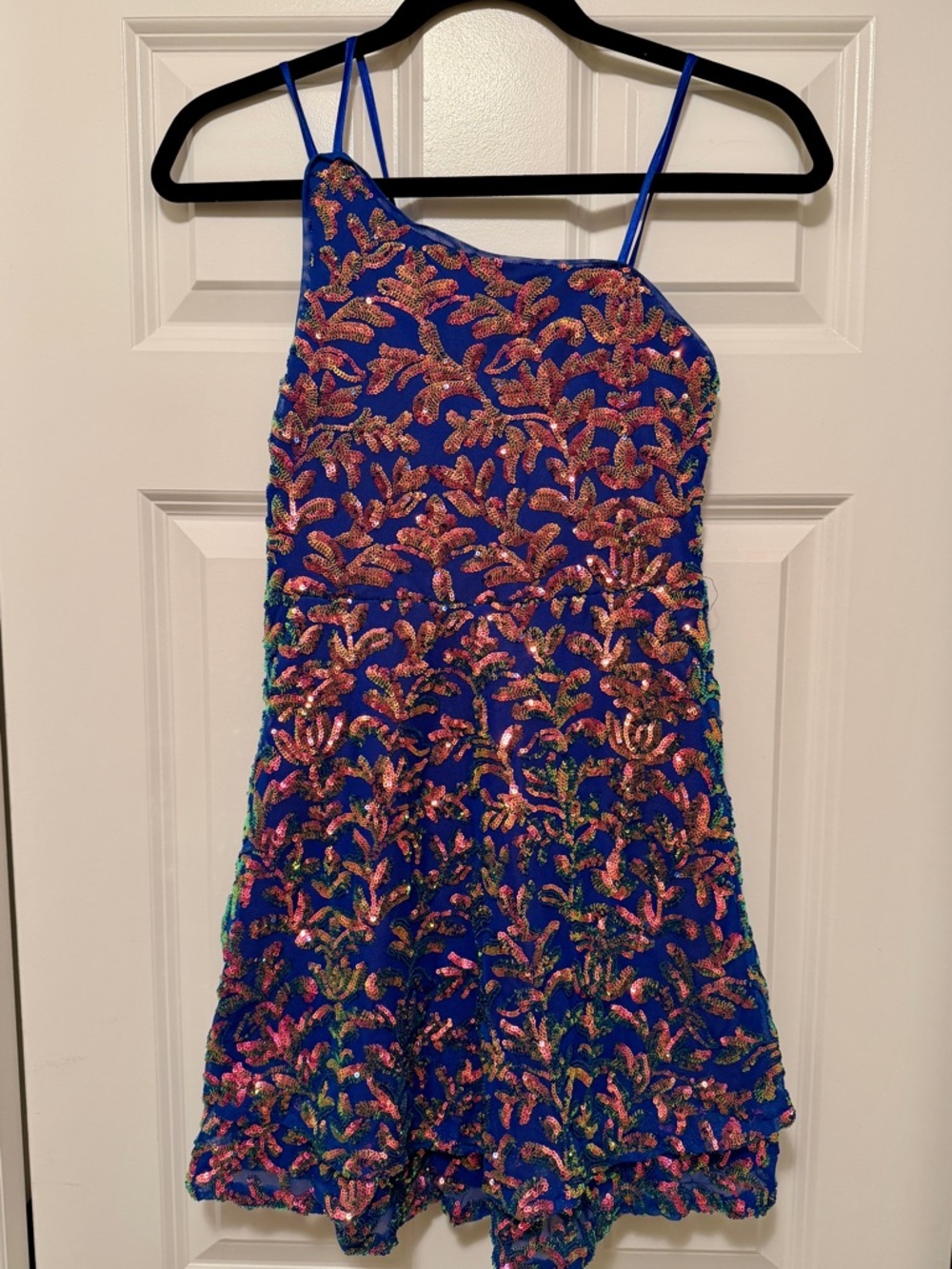 Royal Blue One-Shoulder Sequin Floral Girls Dress